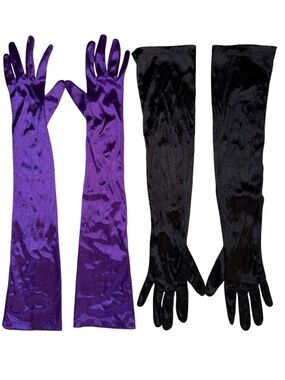 2 Pairs of Long Satin Opera Gloves One Purple & One Black